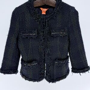 Wool Mohair Blend Textured Nubby Blazer Blue Size 4 Academia Fringe Jacket